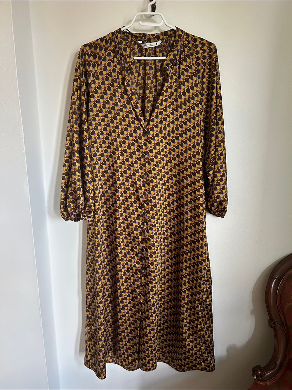 Zara Brown and Mustard Geometric Long-Sleeve Midi Dress